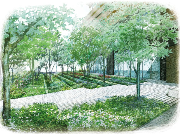 Shared facilities.  [Season garden planting plan illustrations] light ・ Wind ・ Green. Healed naturally, Fun the four seasons free. <The ・ At Park House Hiroshima Tower>, Care to take full advantage of the garden space. Thus, trees and flowers that decorate the spacious garden was realized is really rich. ( ※ 1 ※ 2)