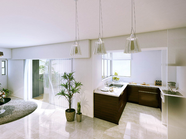 Room and equipment. Sky view kitchen that achieves light full of kitchen space. Enjoy cooking and housework in the bright and airy kitchen. Also, It <Kitchen ⇔ dining> <Kitchen ⇔ living> appeal of Sky view kitchen of both the sense of distance is set to close in more than its traditional face-to-face kitchen. (B type Rendering)