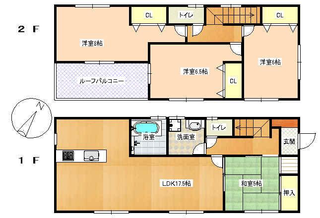 Floor plan. 31,900,000 yen, 4LDK, Land area 121.7 sq m , Building area 99.38 sq m 1F: LDK17.5 Pledge Japanese-style room 5 quires bathroom Wash Toilet 2F: Western-style 8 pledge / 6.5 Pledge / 6 Pledge toilet