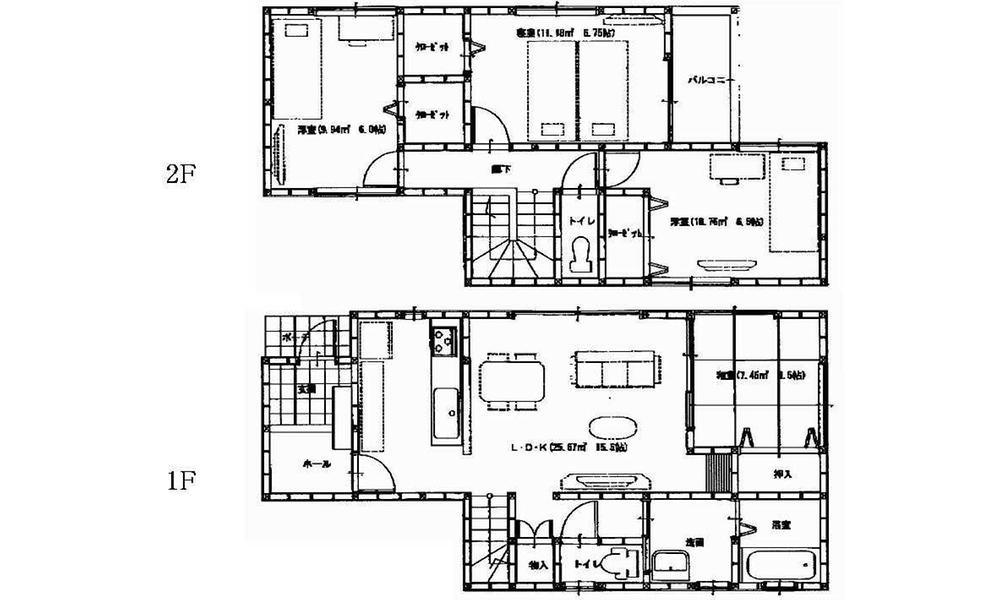 Floor plan. 33,800,000 yen, 4LDK, Land area 107.43 sq m , Building area 99.36 sq m 1F (15.5LDK ・ 4.5 sum) 2F (6.75 Hiroshi ・ 6.5 Hiroshi ・ 6 Hiroshi)