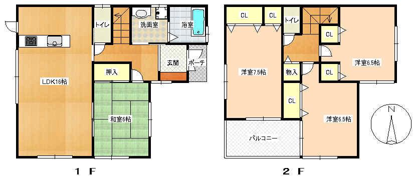 Floor plan. 23.8 million yen, 4LDK, Land area 165 sq m , Building area 98.82 sq m 1F: LDK16 Pledge Japanese-style room 6 quires bathroom Wash Toilet 2F: Western-style 7.5 Pledge / 6.5 Pledge / 6.5 Pledge toilet