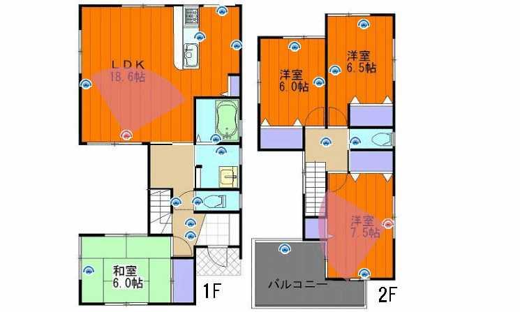 Floor plan. 33,900,000 yen, 4LDK, Land area 140.61 sq m , Building area 106.81 sq m 1F (18.6LDK ・ 6 sum) 2F (7.5 Hiroshi ・ 6.5 Hiroshi ・ 6 Hiroshi ・ toilet)
