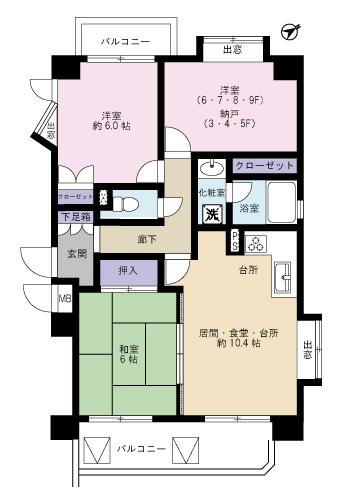 Floor plan. 2LDK + S (storeroom), Price 17.5 million yen, Occupied area 62.32 sq m , Balcony area 11.98 sq m Western-style 6 Pledgeese-style room 6 quires, LDK10.4 Pledge, Closet 6 Pledge