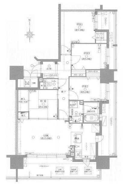 Floor plan. 4LDK, Price 30.5 million yen, Occupied area 84.19 sq m , Balcony area 28.94 sq m   15.8LDK  7 Hiroshi  5 Hiroshi  5 Hiroshi  4.5 sum