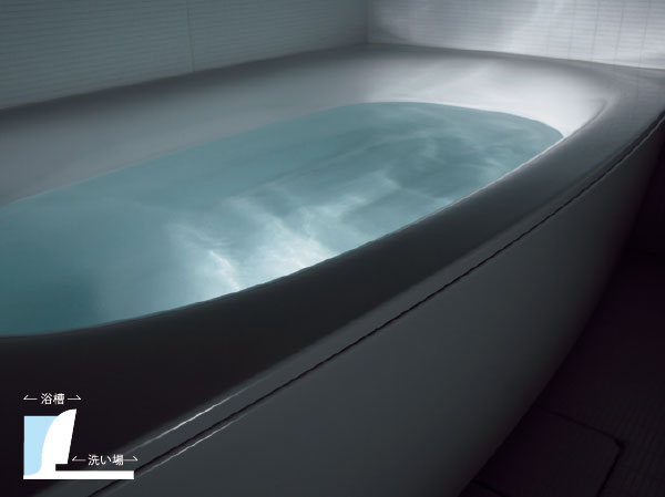Bathing-wash room.  [Arcuate tub] Design to draw a soft arch, such as body flows into the tub. Also, Bathtub ・ Washing place floor, It is both comfortable widely used design. (Conceptual diagram)