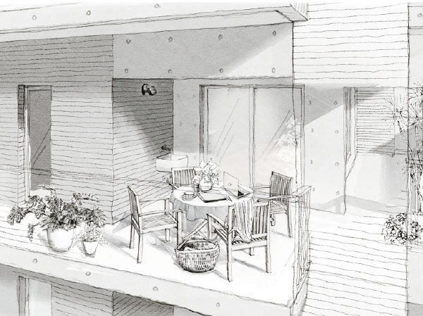 balcony ・ terrace ・ Private garden.  [Outdoor Living] Spacious outdoor living depth of about 2.3m is, With continuous and family gather living dining, Out of the air and light, It is the space to enjoy the landscape. (A type Rendering)