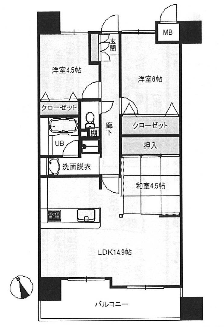 Floor plan. 3LDK, Price 18.4 million yen, Occupied area 64.89 sq m