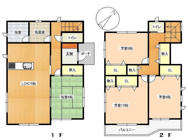 Floor plan. 21,800,000 yen, 4LDK, Land area 139.59 sq m , Building area 99.63 sq m 1F: LDK15 Pledge Japanese-style room 6 quires Wash bathroom Toilet 2F: Western-style 7.5 Pledge / 6 Pledge / 6 Pledge toilet