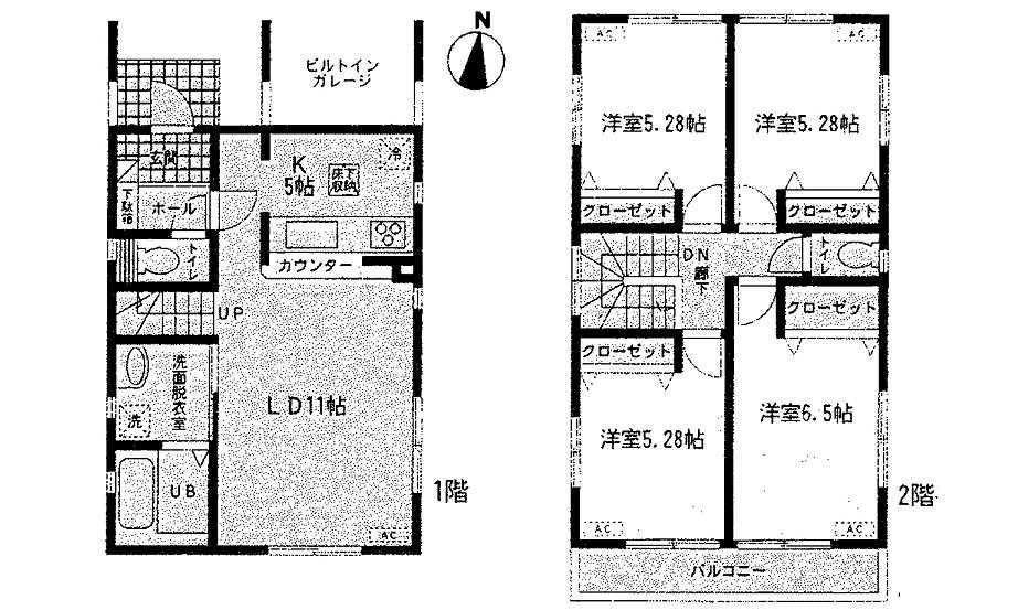 Floor plan. 30.5 million yen, 5LDK, Land area 103.65 sq m , Building area 94.41 sq m 1F 11LDK 5K garage 2F 6.5 Hiroshi 5.28 Hiroshi 5.28 Hiroshi 5.28 Hiroshi toilet
