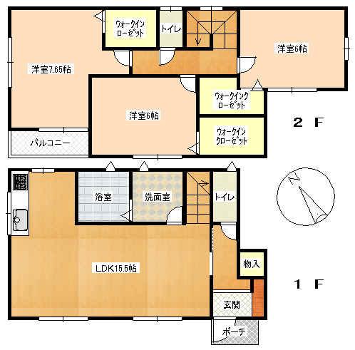 Floor plan. 28,300,000 yen, 3LDK, Land area 98.33 sq m , Building area 98.97 sq m 1F: LDK15.5 Pledge  Wash bathroom Toilet 2F: Western-style 7.675 Pledge / 6 Pledge / 6 Pledge WIC toilet