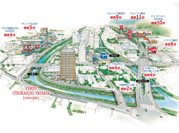 Around illustrations map. The south side, while the environment of moisture facing the Yahata River, Debut in the land of convenience commercial facility has been integrated! ! (May actually a somewhat different. (Created November 2012))