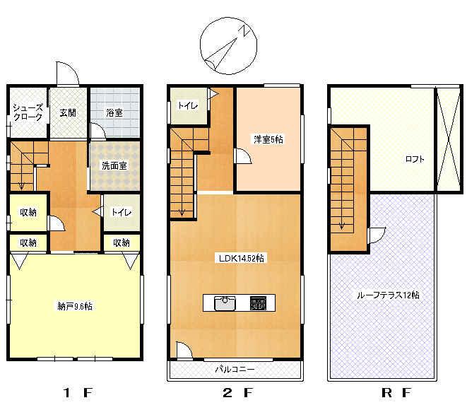 Floor plan. 20,900,000 yen, 1LDK + S (storeroom), Land area 88.01 sq m , Building area 86.33 sq m 1F: storeroom 9.6 Pledge bathroom Wash Toilet 2F: LDK14.52 Pledge Western-style 5 Pledge loft Toilet RF: roof balcony 12 Pledge