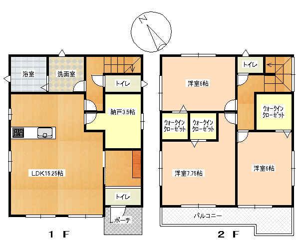 Floor plan. 26.5 million yen, 3LDK, Land area 117.13 sq m , Building area 94.83 sq m 1F: LDK15.25 Pledge Storeroom Wash bathroom Toilet 2F: Western-style 7.75 Pledge / 6 Pledge / 6 Pledge WIC toilet