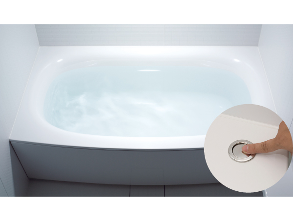 Bathing-wash room.  [Arcuate tub and pop-up drain plug] Guests can enjoy a relaxed and comfortable bath time arcuate tub. Ready for bathing at the touch of a button because it is full Otobasu.