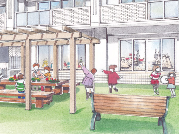 Shared facilities.  [Play lot] Play lot with a barbecue corner. Peace of mind and easy to reach also the parent of the eye because it is on site. Hari the lawn, Since the bench also are set, Under the blue sky, Enjoy easy picnic mood. (Rendering Illustration)
