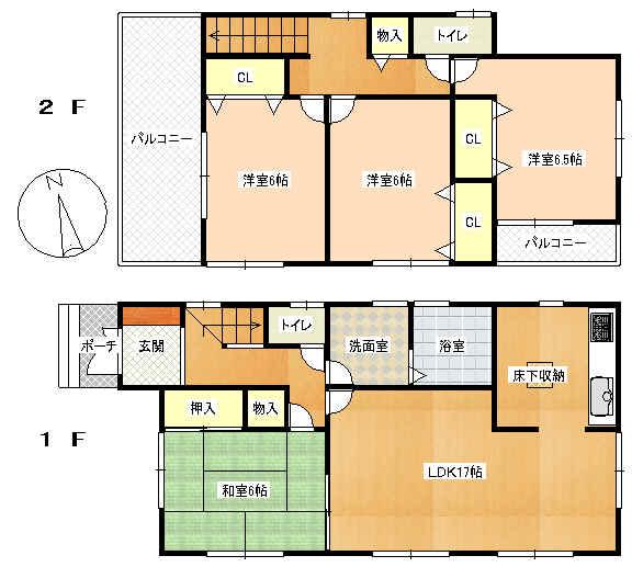 Floor plan. 33,800,000 yen, 4LDK, Land area 150.01 sq m , Building area 98.82 sq m 1F: LDK17 Pledge 6 sum Wash bathroom Toilet 2F: Western-style 6.5 Pledge / 6 Pledge / 6 Pledge toilet