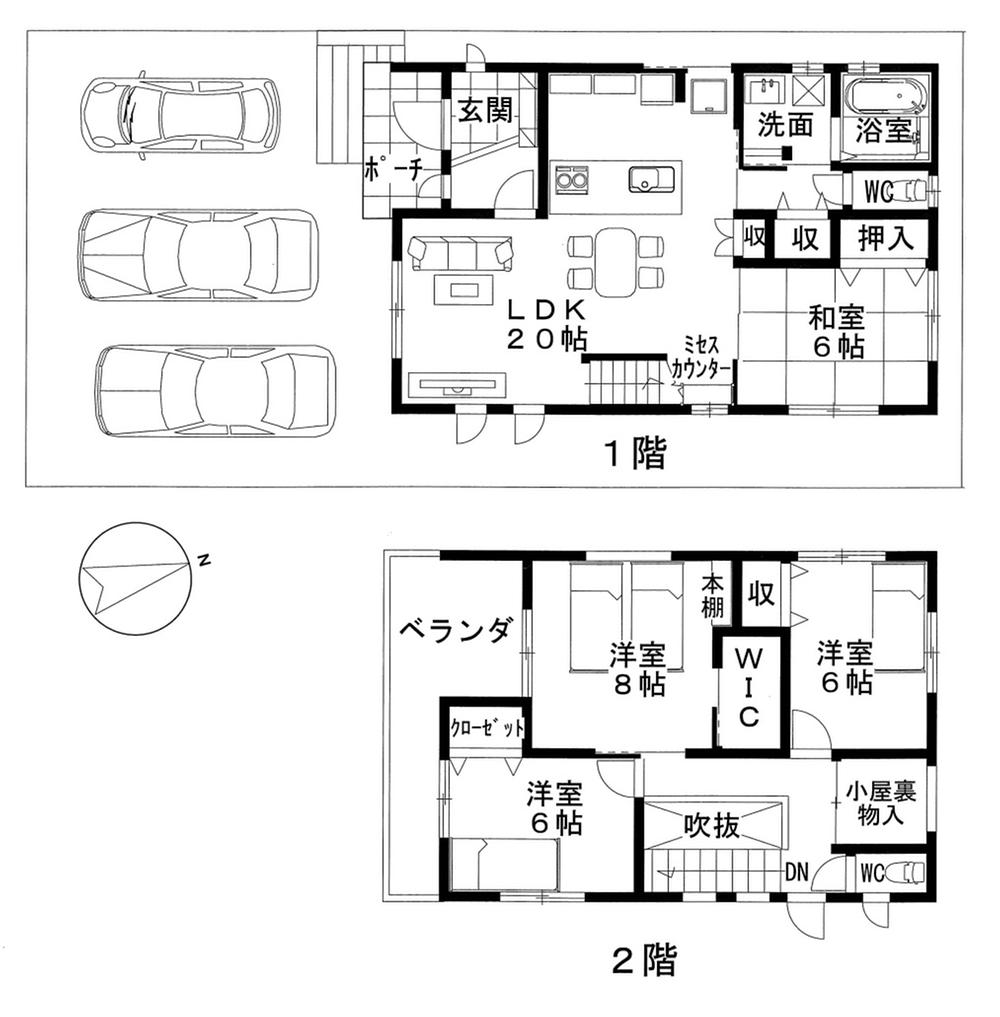 Floor plan. 36.5 million yen, 4LDK, Land area 149 sq m , Building area 109.31 sq m   ◆ LDK with a sense of unity (20 tatami mats)  ◆ First floor of 61.27 square meters  ◆ 2 floor of 48.04 square meters