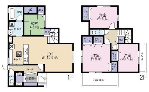 Floor plan. 29,800,000 yen, 4LDK, Land area 179.66 sq m , Building area 109.3 sq m LDK17.9 Pledgeese-style room 4.5 Pledge, Hiroshi 8 pledge, Hiroshi 6 Pledge, Hiroshi 6 Pledge