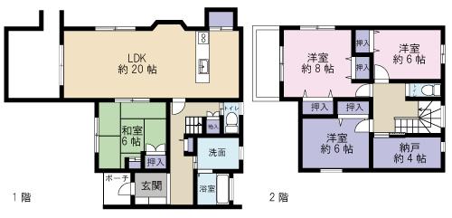 Floor plan. 22,800,000 yen, 4LDK + S (storeroom), Land area 185.12 sq m , Building area 125.04 sq m LDK20 Pledge, Western-style 8 pledge ・ 6 Pledge ・ 6 Pledgeese-style room 6 quires, Storeroom 4 Pledge