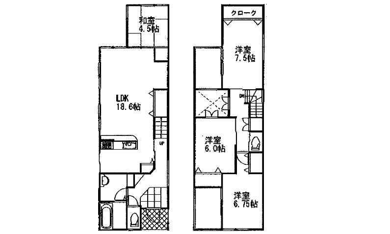 Floor plan. 27,400,000 yen, 4LDK, Land area 121.58 sq m , Building area 105.99 sq m 1F 18.6LDK 4.5 Japanese-style room toilet 2F 7.5 Hiroshi 6.75 Hiroshi 6 Hiroshi toilet
