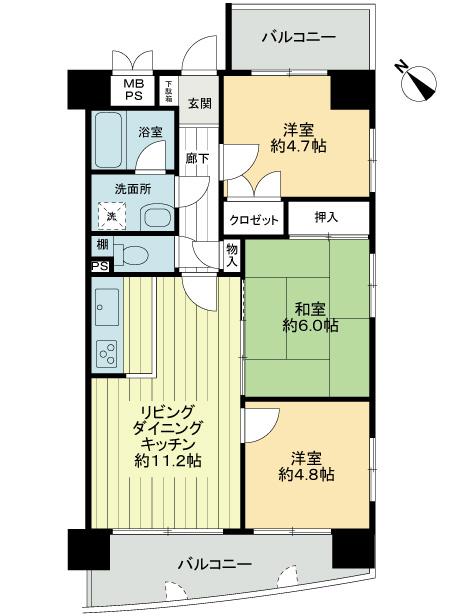 Floor plan. 3LDK, Price 14.8 million yen, Footprint 60 sq m , Balcony area 12.91 sq m floor plan