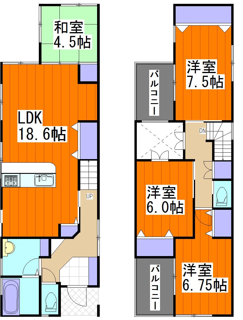 Floor plan. 27,400,000 yen, 4LDK, Land area 121.58 sq m , Bright house of the building area 115.92 sq m atrium Two-sided balcony 4LDK