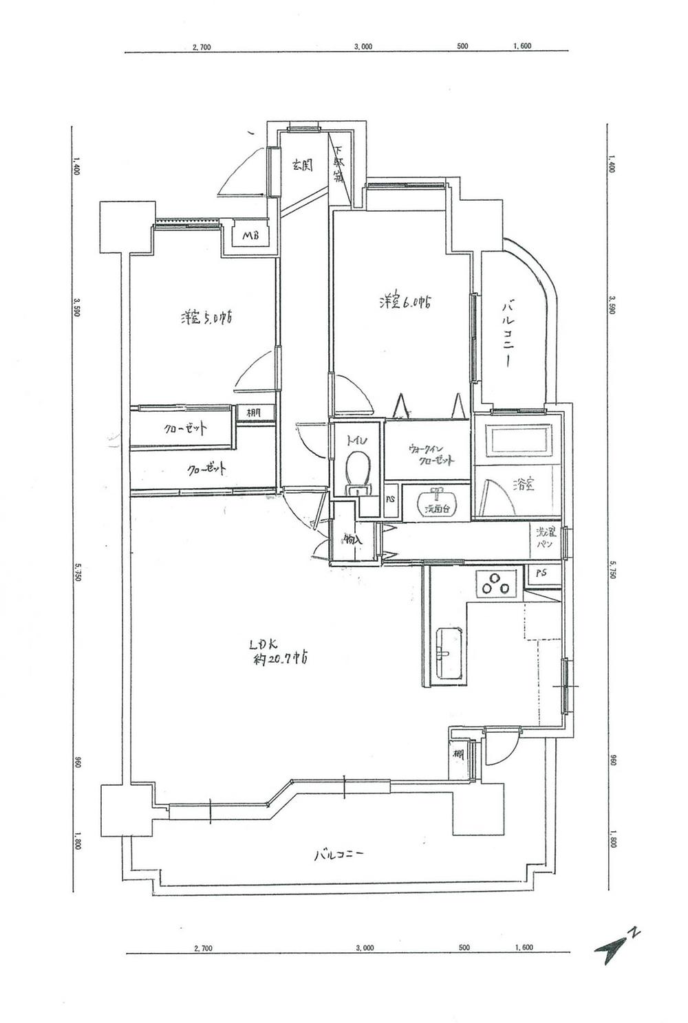 Floor plan. 2LDK, Price 20,900,000 yen, Occupied area 75.01 sq m , Balcony area 17.57 sq m