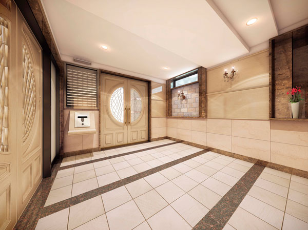 Shared facilities.  [Entrance hall] In harmony design due to the wall and stone tone of the floor, Entrance Hall of majestic ambience. The door which has been subjected to decoration of stained glass, We have created a appearance of heavy Yingbin. (Entrance Hall Rendering)
