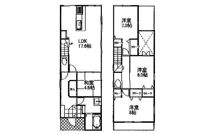 Floor plan. 26,180,000 yen, 4LDK, Land area 121.58 sq m , Building area 106.4 sq m 1F 17.6LDK 4.5 Hiroshi toilet  2F 8 Hiroshi 7 Hiroshi 6 Hiroshi toilet