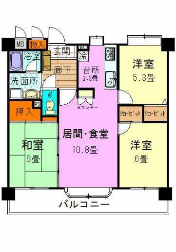 Floor plan. 3LDK, Price 9.8 million yen, Occupied area 67.49 sq m , Balcony area 14.79 sq m 10.8LD 3.3K 6 Japanese-style room 6 Hiroshi 5.3 Hiroshi