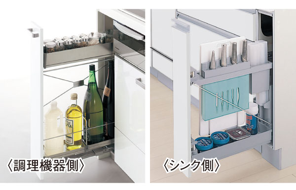 Kitchen.  [Twins slide] Child with a lock knife space is peace of mind. It can be stored until the ladle and cutting board.  ※ Load capacity of about 10kg