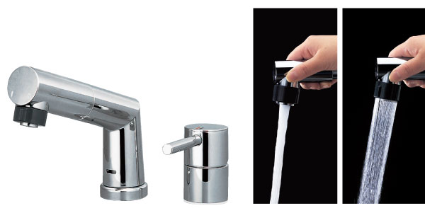Bathing-wash room.  [Lift-type single-lever shower mixing faucet] Adopted a lift expression that draw, Possible shampoo in the washbasin. Water spouting can two-stage switching of water conditioner and shower.