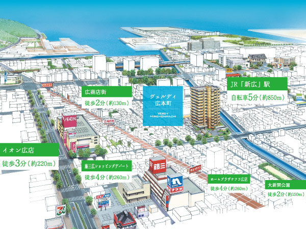 Surrounding environment. JR also to "new wide" station, Also to a wide shopping street, Also to ion wide shop, Fujisan also close to a wide shopping department store, Debut in the center of the "wide"! (Illustration map of the surrounding local ※ Which was raised to draw on the basis of the local surrounding map, In fact and may be slightly different from (created January 2013))