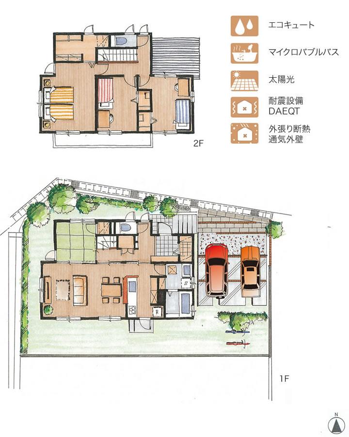 Floor plan.  [No. 7 land] So we have drawn on the basis of the Plan view] drawings, Plan and the outer structure ・ Planting, such as might actually differ slightly from.  Also, furniture ・ car ・ The bicycle not included in the price. 