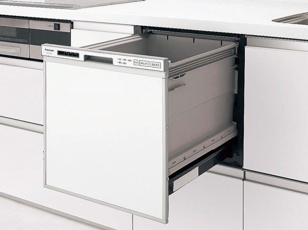 Kitchen.  [Dish washing and drying machine] Tableware is set easy to pull-out. Excellent in water-saving properties, Cleanup is Ease.
