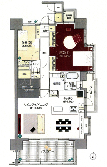 Room and equipment. The dining next to set up a family counter, It can be used as the location of the family hobby. It planning the whole family can enjoy the bliss of luxury. E type ・ Model Room plan (part design change (paid) ・ Application deadline Yes) 2LDK + tatami corner Occupied area / 83.72 sq m  Balcony area / 19.31 sq m