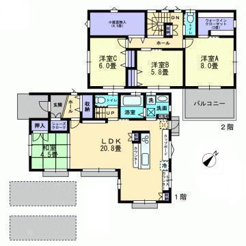 Floor plan. 28.5 million yen, 4LDK, Land area 183.71 sq m , The point is housework flow line from the building area 110.96 sq m kitchen.