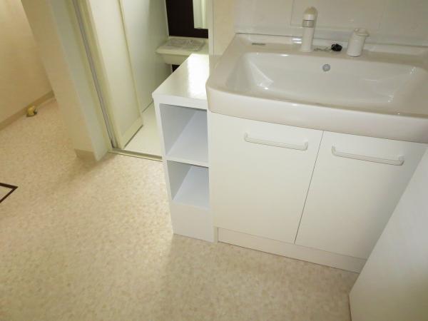 Wash basin, toilet. We established the shelf next to the state shampoo dresser basin space