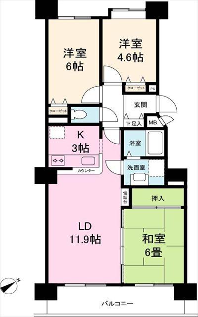 Floor plan. 3LDK, Price 8.4 million yen, Occupied area 66.15 sq m , Balcony area 8.7 sq m