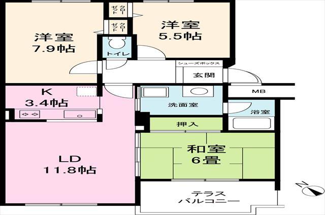 Floor plan. 3LDK, Price 6.15 million yen, Occupied area 72.58 sq m , Balcony area 6.82 sq m