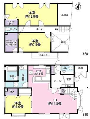 Floor plan. Wooden frame construction 3LDK. 2 Kaiyoshitsu (about 13 tatami mats) is so you can separate from the partition in the wall, 