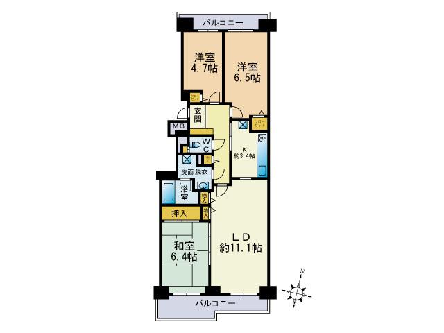 Floor plan. 3LDK, Price 6.3 million yen, Occupied area 72.95 sq m , Balcony area 12.9 sq m