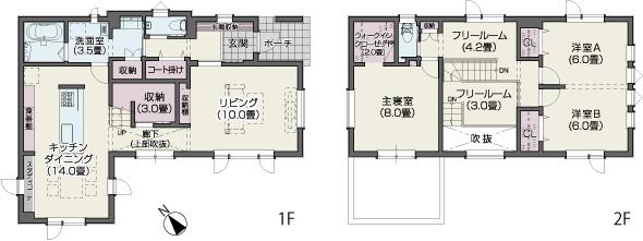 Floor plan. 27.5 million yen, 3LDK + 2S (storeroom), Land area 218.87 sq m , Building area 129.72 sq m <model house floor plan> We have established a free room to the stairs the middle and the second floor of the two places.
