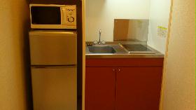 Kitchen. It is a kitchen with a electric stove ☆ Refrigerator and microwave equipped