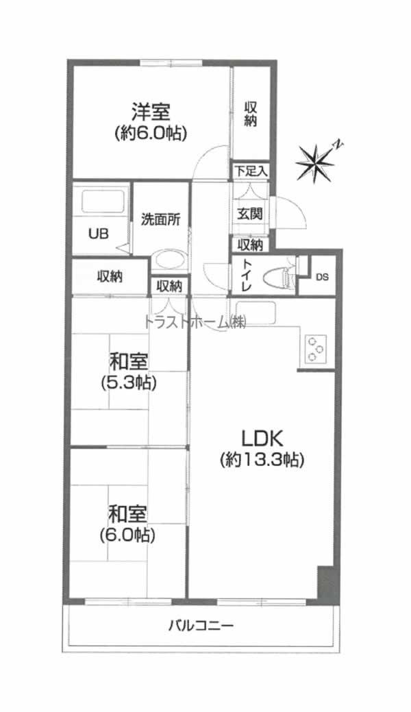Floor plan. 3LDK, Price 7.6 million yen, Occupied area 65.66 sq m , Balcony area 5.74 sq m floor plan