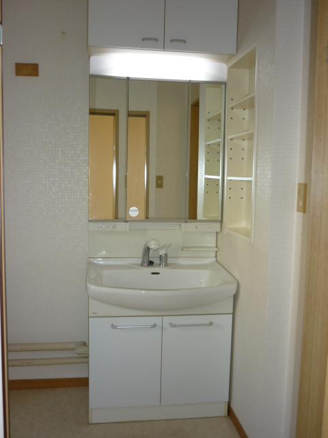 Wash basin, toilet. Three-sided mirror vanity with storage capacity