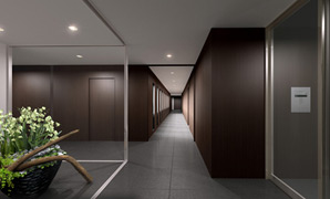 Shared facilities.  [Corridor] Corridor (of the corridor) is, Quaint with goods in bonded walls and tile woodgrain, The space that follows from sub entrance, such as providing a monument space, Has a performance that is sticking to everywhere in the common area (Rendering)