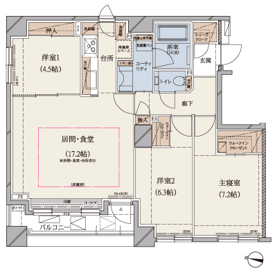 Room and equipment. A type ・ 3LDK type. living ・ Dining corner dwelling unit is a large window of the features of the (about 17.2 tatami mats). About 7.2 tatami in the master bedroom walk-in closet the plan. kitchen, Also ensure the lighting in the bathroom (occupied area / 77.81 sq m , Balcony area / 7.88 sq m )