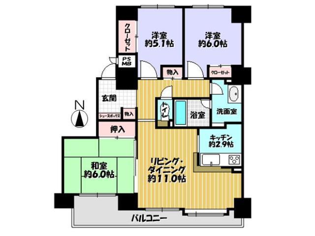 Floor plan. 3LDK, Price 15.9 million yen, Footprint 76.3 sq m , Balcony area 11.36 sq m Floor