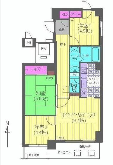 Floor plan. 3LDK, Price 13.6 million yen, Occupied area 62.73 sq m , Balcony area 62.73 sq m